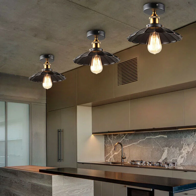 Black flush mount light with metal shade, ceiling plate, and E27 lamp holder in modern vintage industrial style