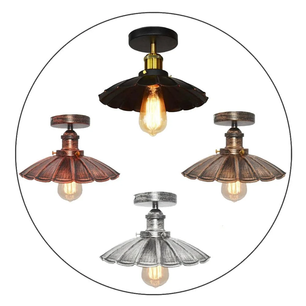 Black flush mount light with metal shade and E27 bulb holder, modern vintage industrial ceiling fixture in black finish