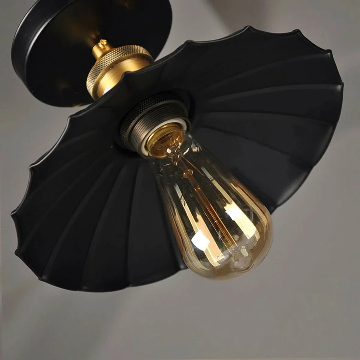 Black flush mount light with metal shade and E27 lamp base, modern vintage industrial ceiling fixture in black finish