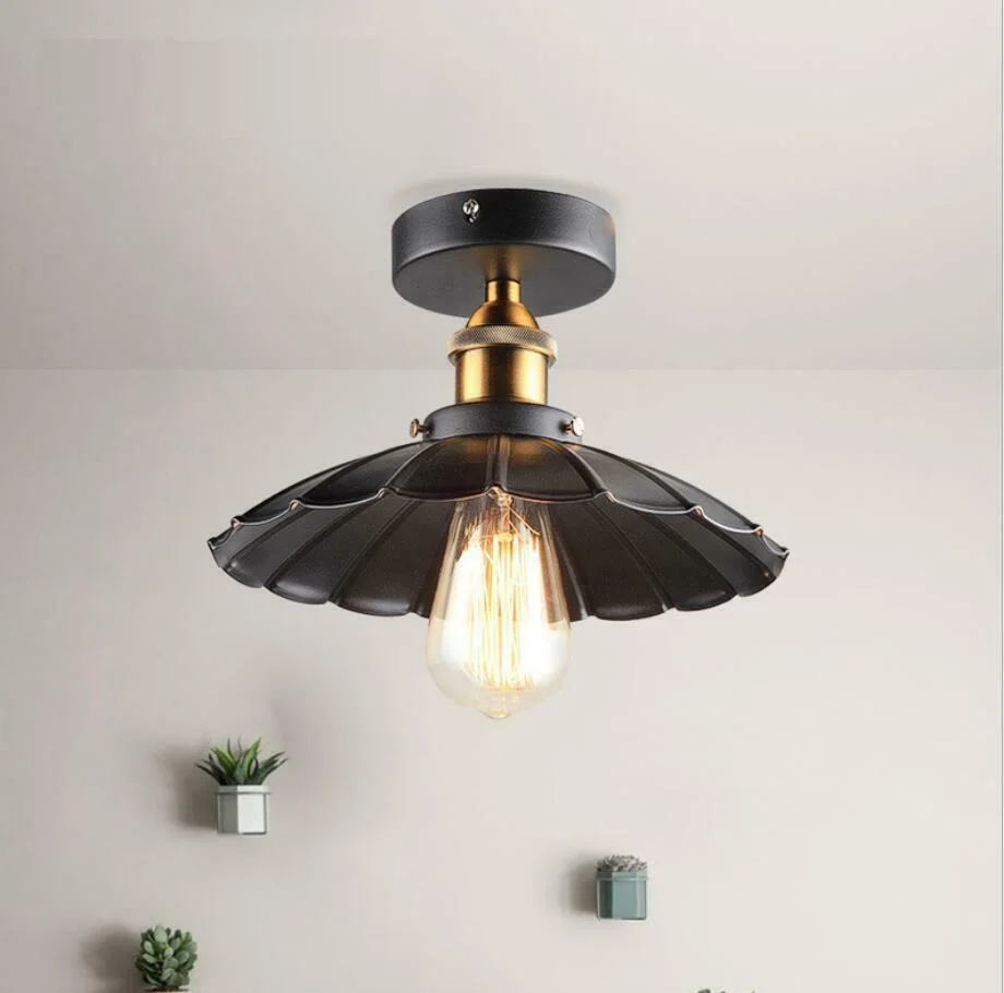 Black flush mount light with metal shade in rustic red, showing ceiling plate and E27 bulb holder details