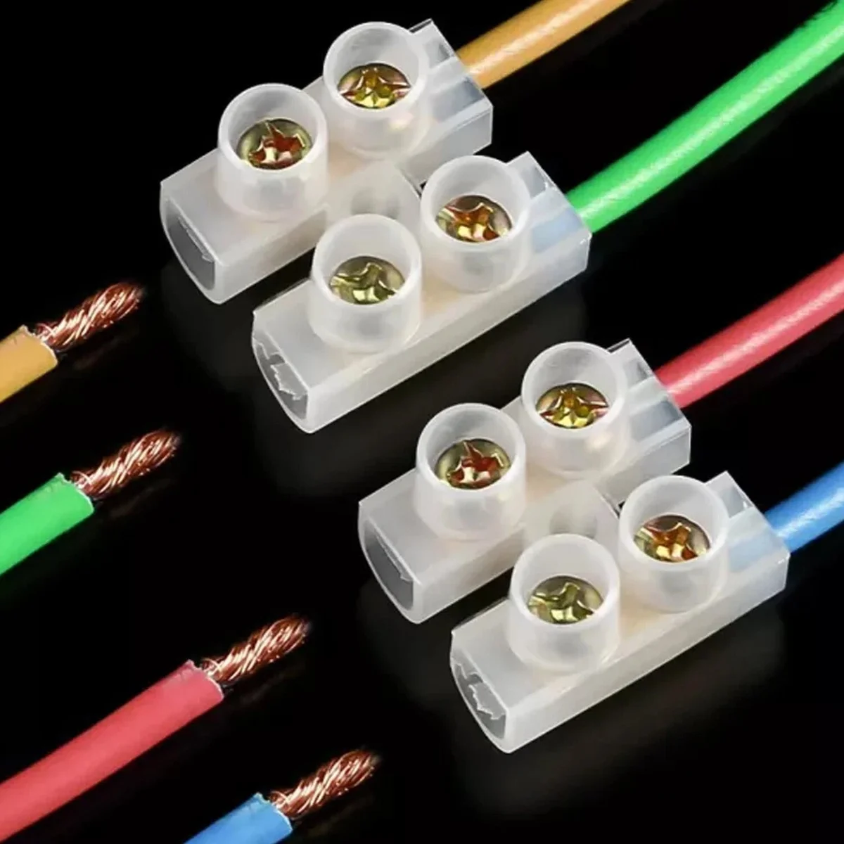 White 12 way wire connector terminal block with 24 screw positions and triangular clamps for electrical wiring connections