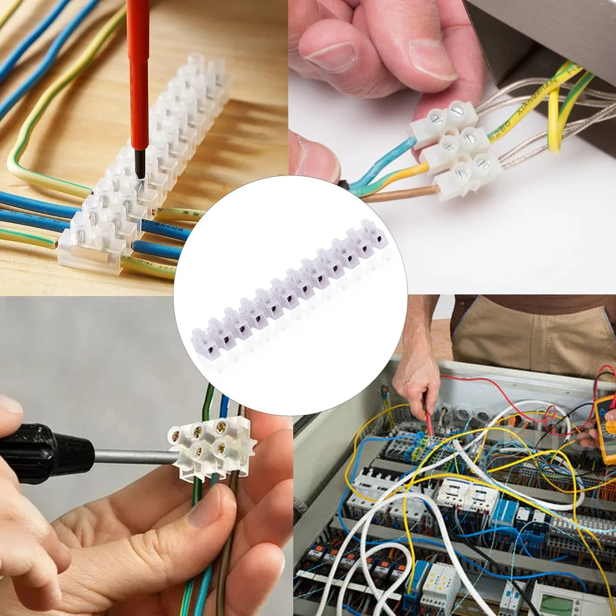 White 12-way electric wire terminal connector block with 24 screw positions and triangular clamps for secure wiring connections