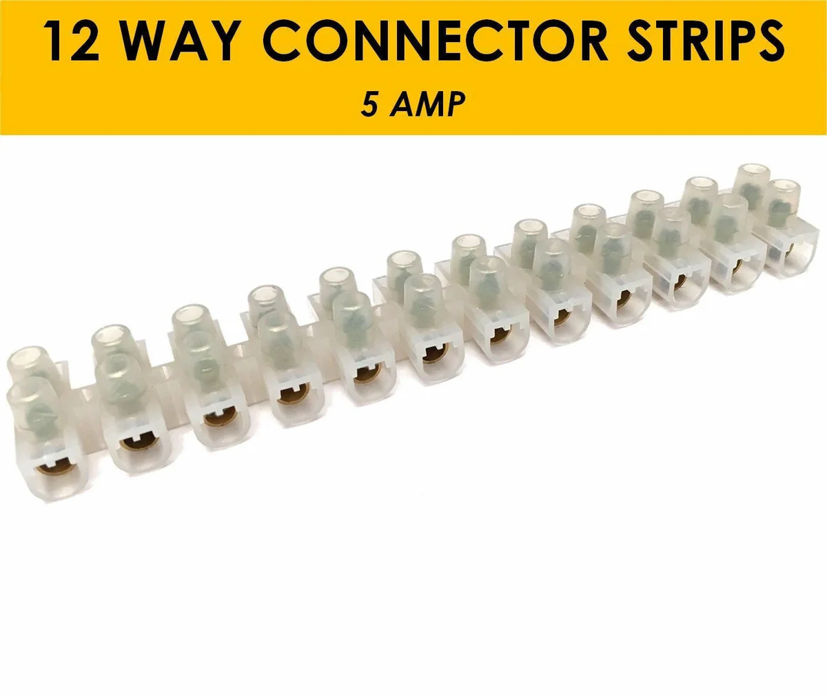 White 12 way wire connector terminal block with 24 screw positions and triangular clamps for secure electrical connections