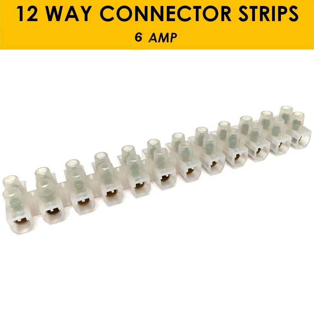 White 12 way wire connector block with 24 screw terminals and triangular clamps for secure electrical connections