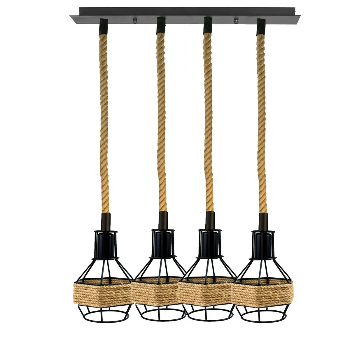 Vintage industrial style hemp rope pendant light with four black metal light cages and 1m hemp rope cables hanging from ceiling plate
