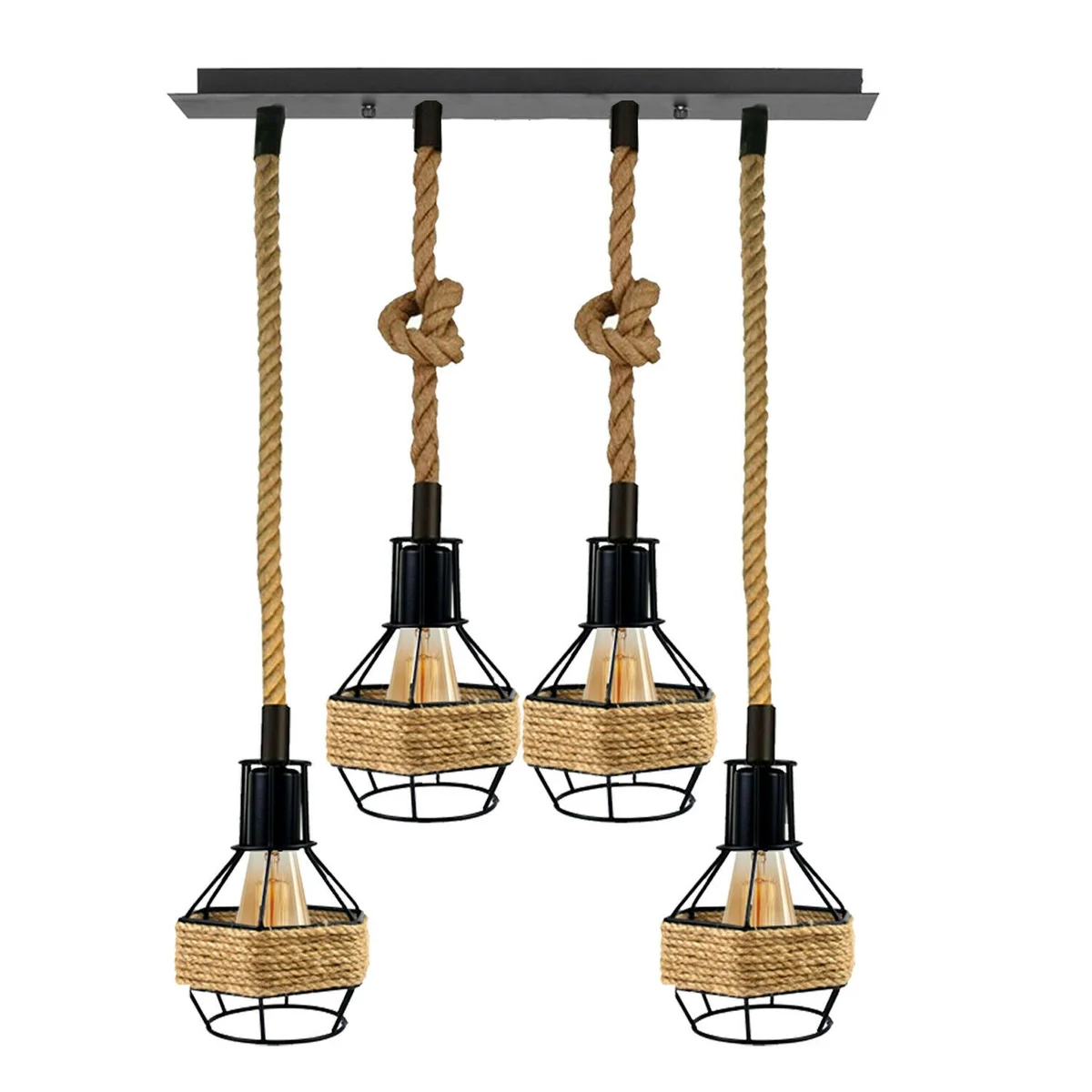 Vintage industrial ceiling light with 4 hemp rope pendant heads and black metal fixtures hanging from ceiling plate