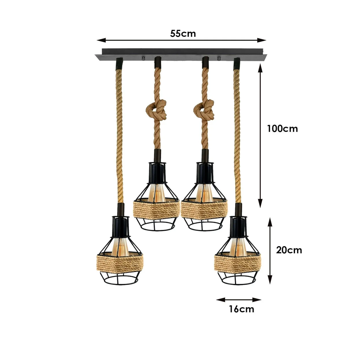 Vintage industrial E27 pendant light with 4 hemp rope cords and black metal light cages hanging from ceiling plate