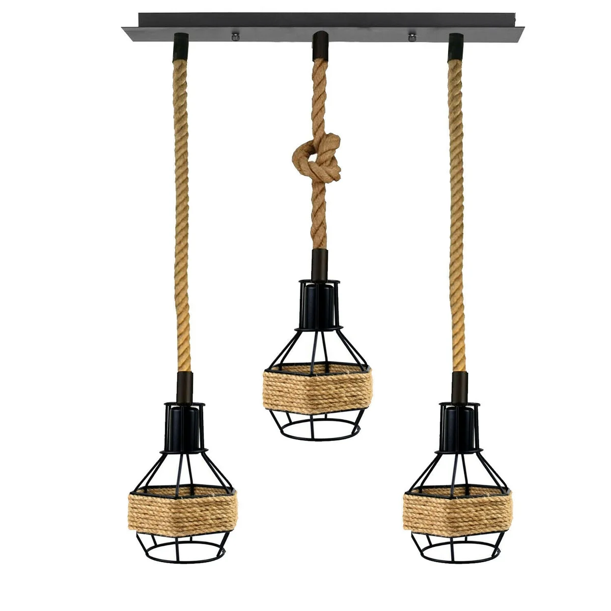 Vintage 3 head pendant light with black metal and hemp rope, featuring three hanging light cages and a 1m rope length