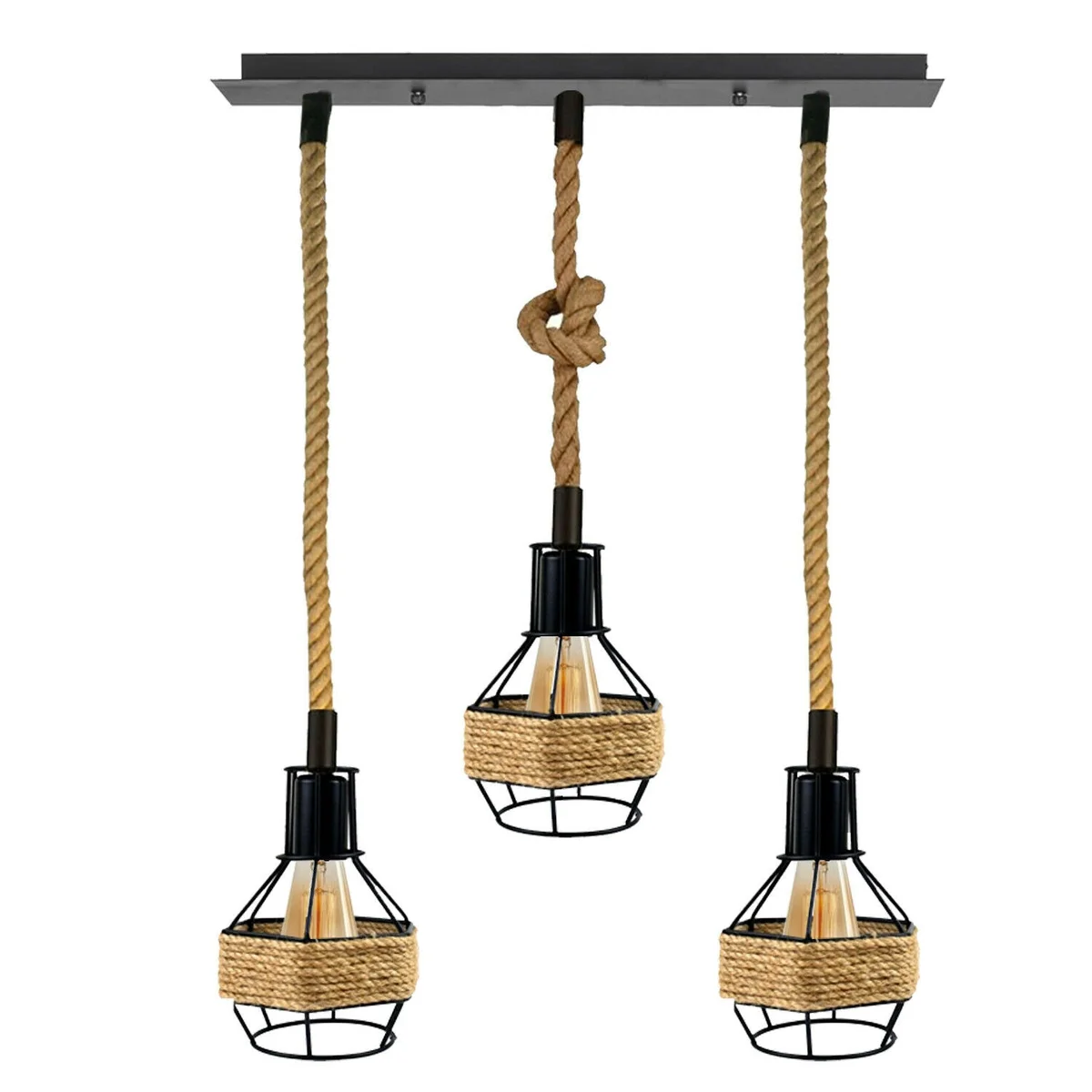 Three head hemp rope ceiling light with black metal cages and 1m hemp rope cords hanging from a round ceiling plate