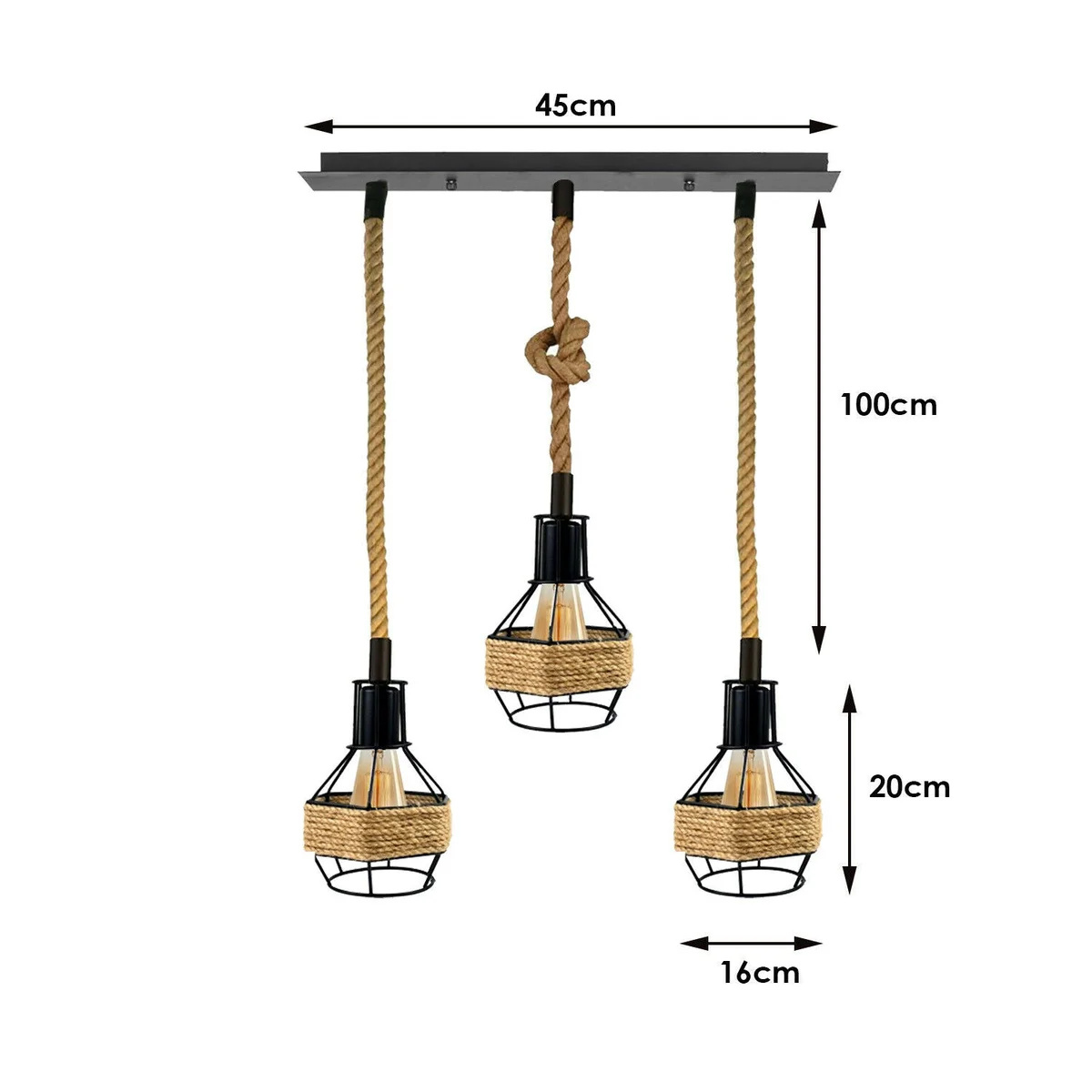 Three black metal cages hanging from 1m hemp ropes in industrial pendant lighting with E27 bulb holders