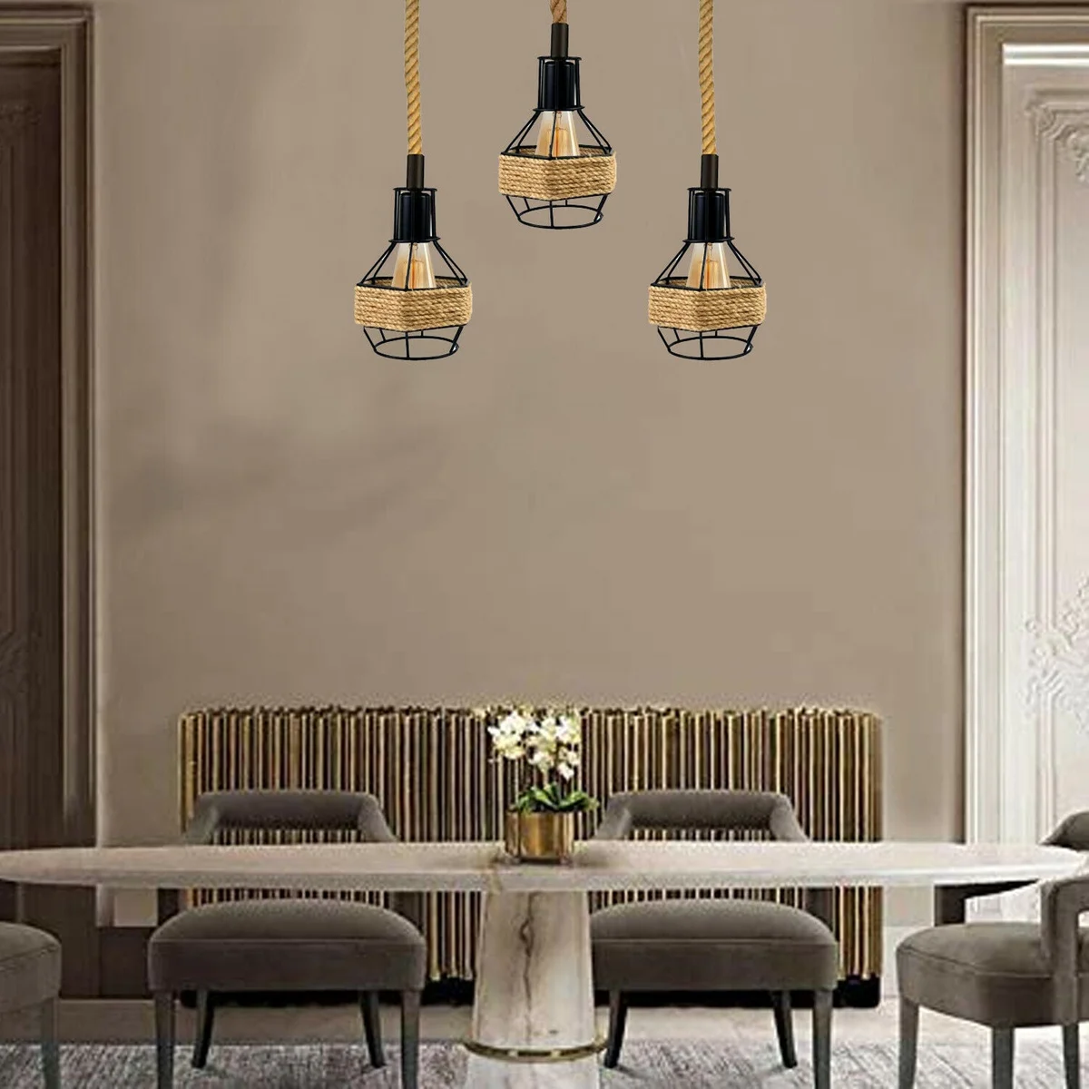 Three head farmhouse style light pendant with black metal and hemp rope hanging from ceiling plate