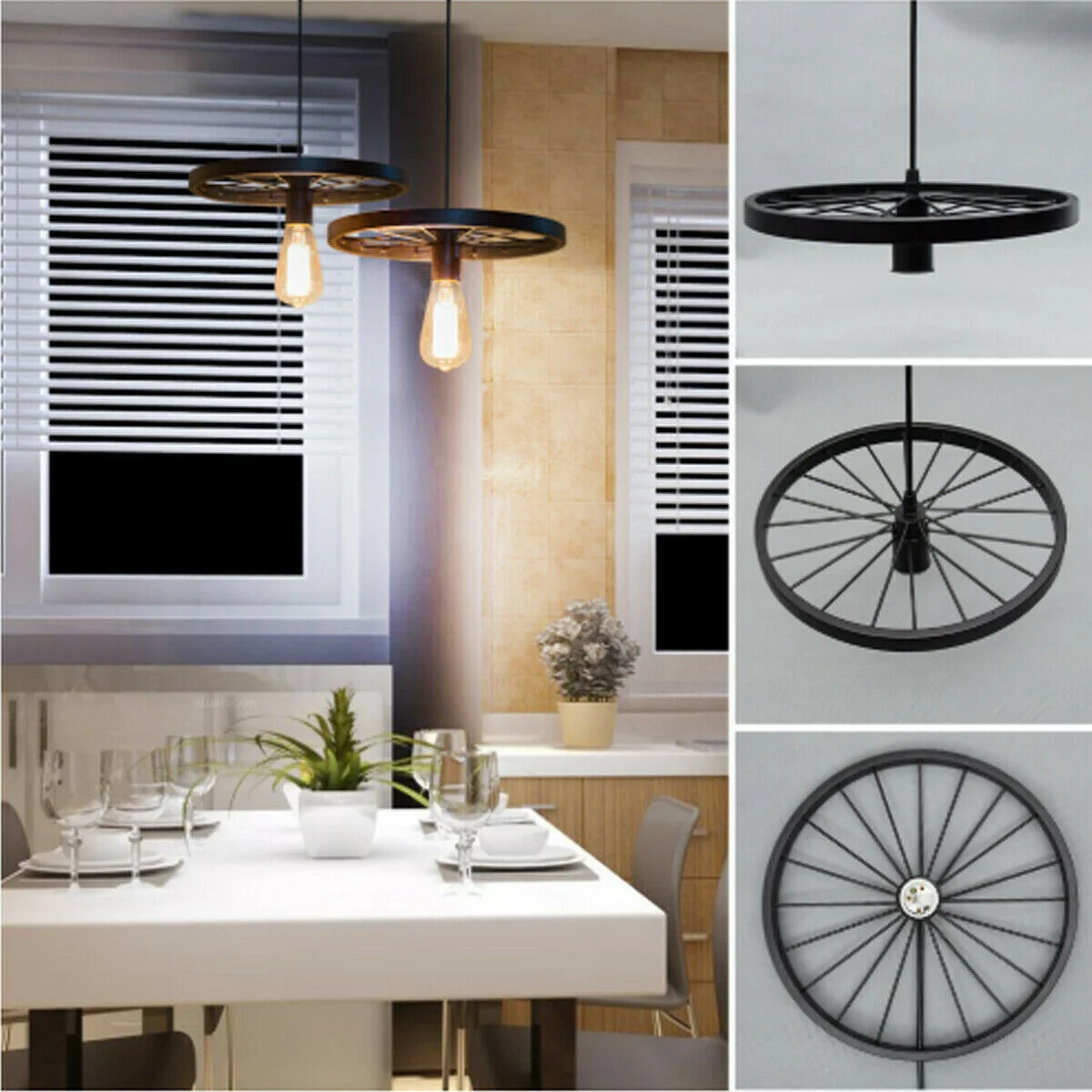 Brushed brass retro pendant light shaped like a wheel with E27 bulb, industrial vintage style, 30 cm diameter ceiling lamp