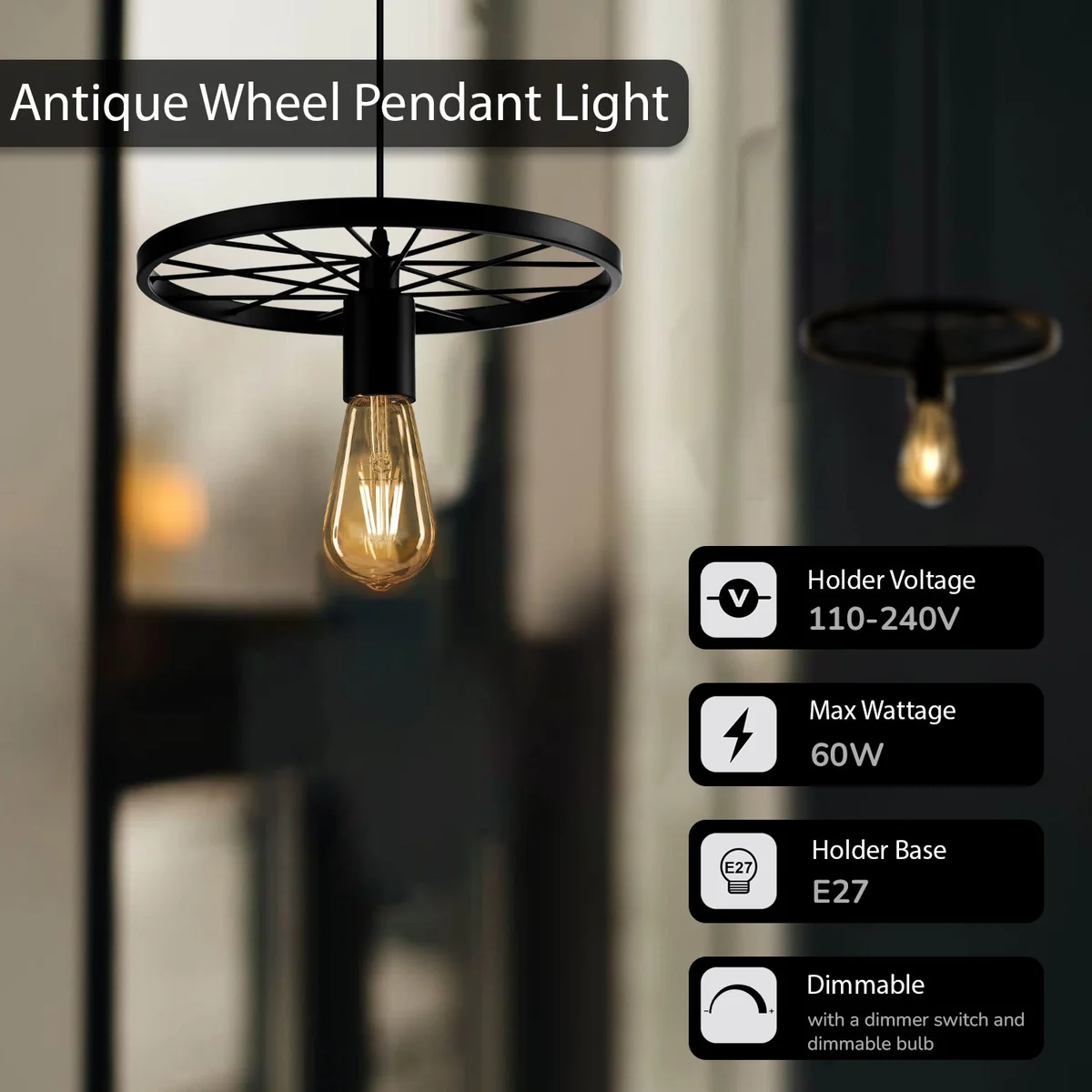 Retro wheel pendant light in brushed brass ceiling light finish with adjustable hanging metal frame and E27 bulb socket