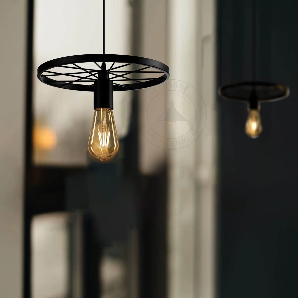 Brushed brass retro wheel pendant light with E27 bulb, ideal vintage kitchen lighting for bars and cafes, 30cm diameter