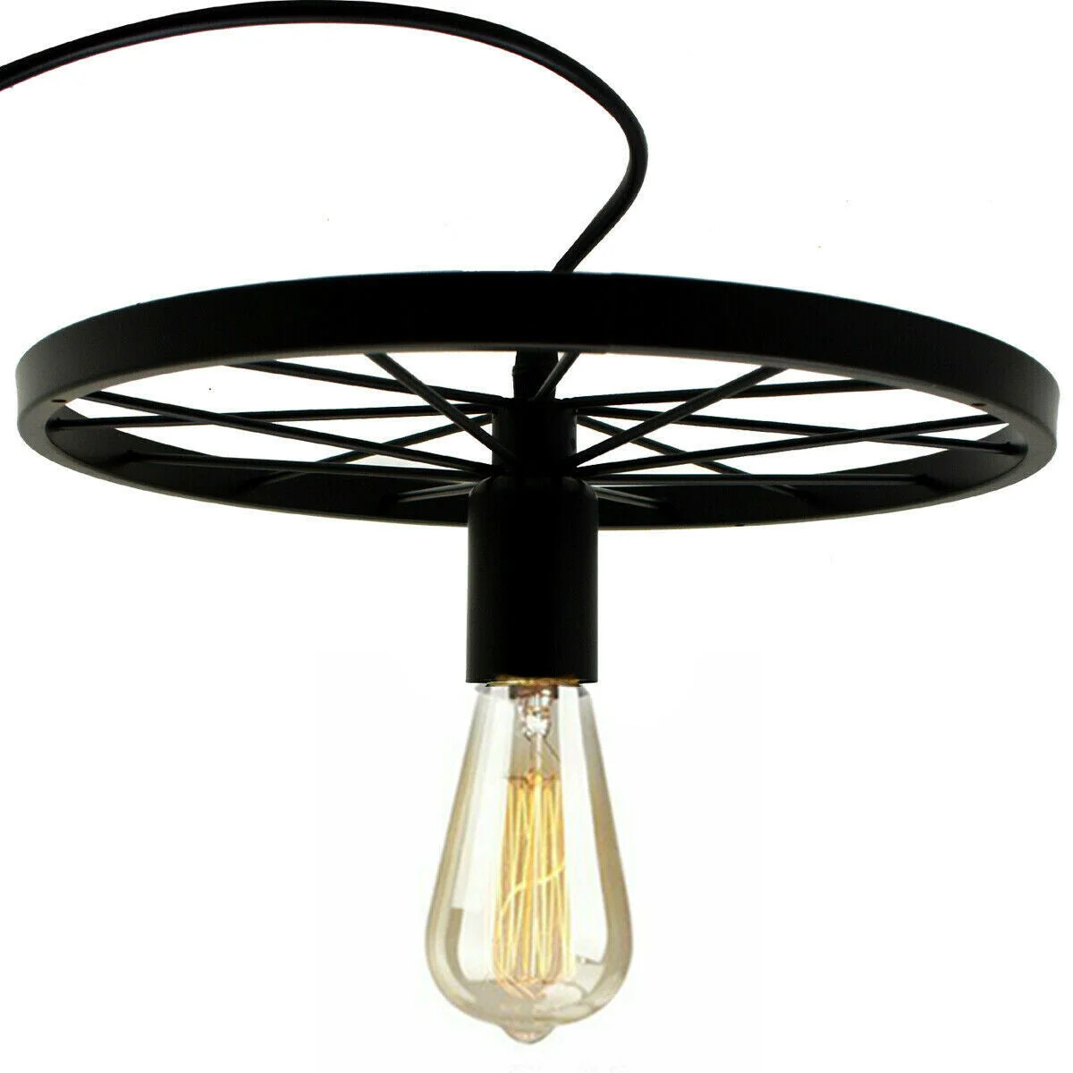 Brushed brass retro pendant light shaped like a wheel, hanging ceiling lamp with E27 bulb in industrial style