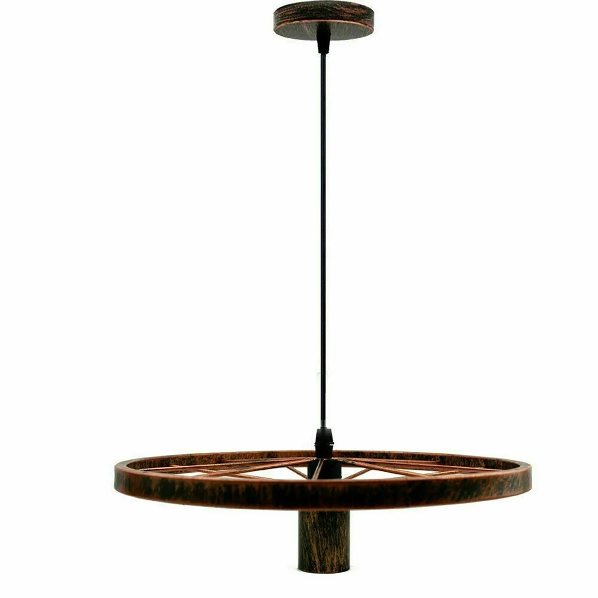 Brushed brass retro pendant light with wheel design hanging from ceiling, suitable for kitchen or bar lighting