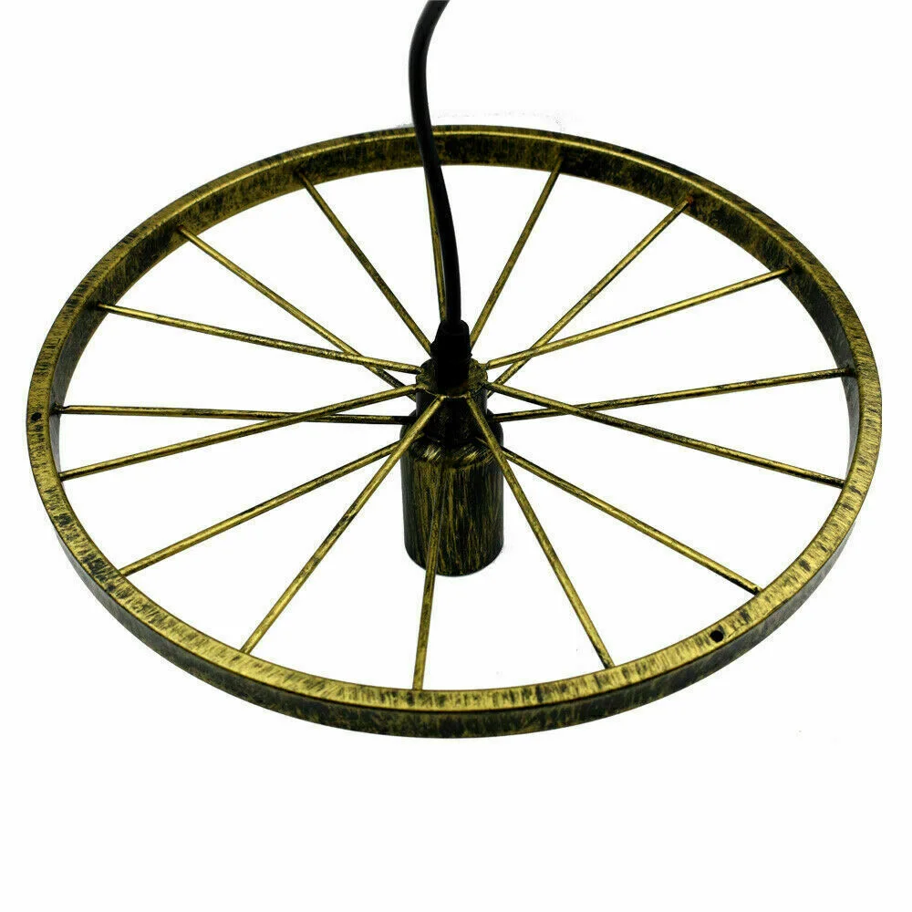 Brushed brass retro pendant light shaped like a wheel with E27 bulb, hanging adjustable industrial vintage ceiling lamp