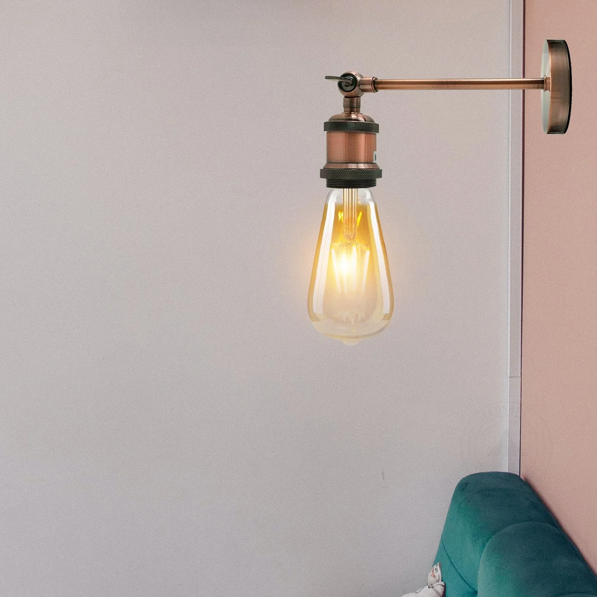 Adjustable industrial wall sconce with painted finish, round ceiling canopy, and E27 bulb socket mounted on wall