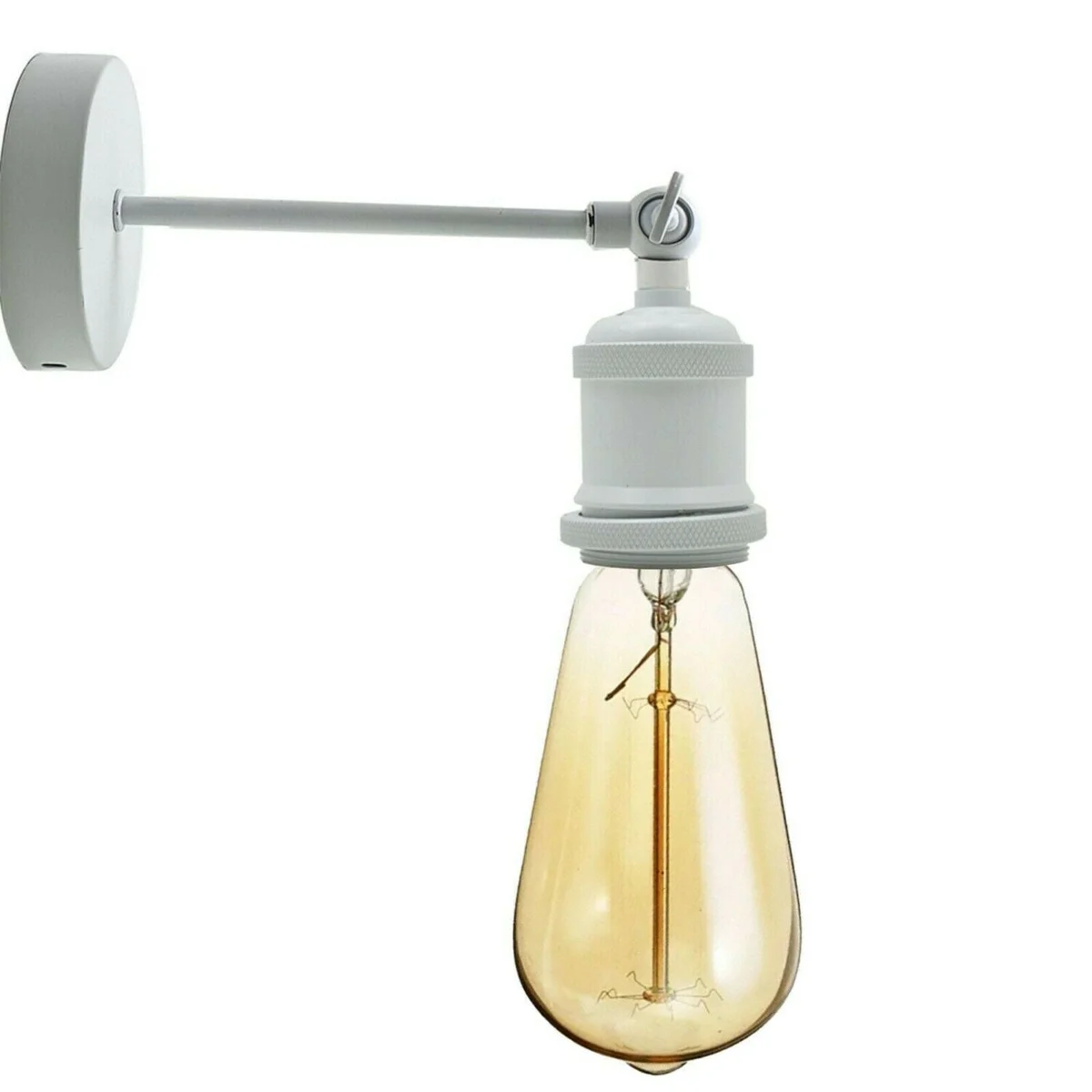 Adjustable industrial wall sconce with vintage metal arm and round ceiling canopy in painted finish on white background