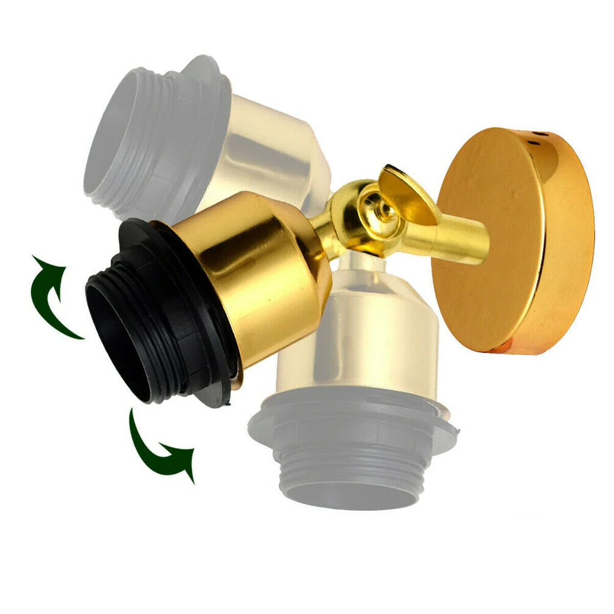 Industrial adjustable antique brass wall lamp with pivoting arm and E27 fitting mounted on a white wall background
