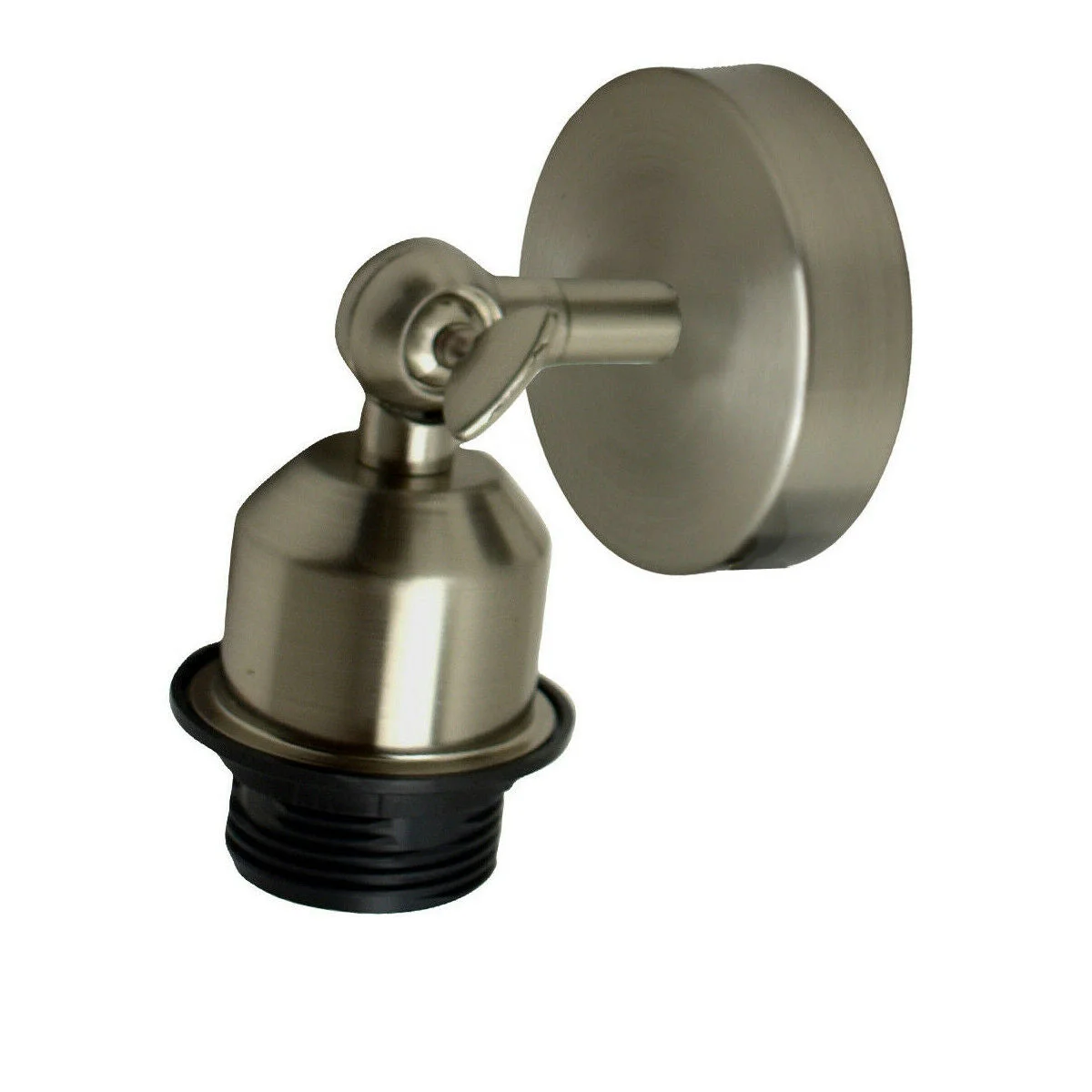 Industrial adjustable antique brass E27 wall light fitting with pivoting arm mounted on a white wall background
