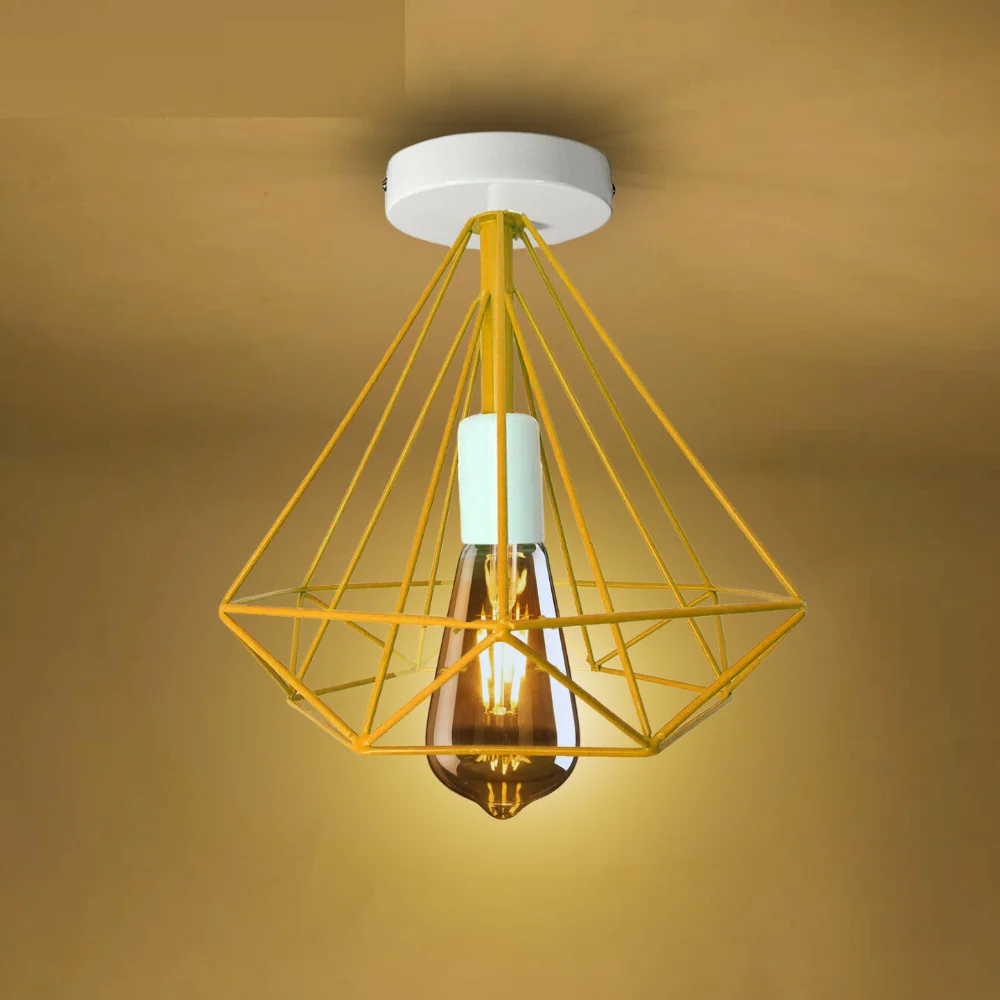 Modern geometric ceiling light with gold diamond wire cage and exposed Edison bulb, semi-flush ceiling mount design