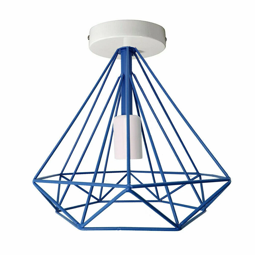 Modern geometric diamond cage ceiling light with gold metal wire frame and Edison-style filament bulb on white ceiling background