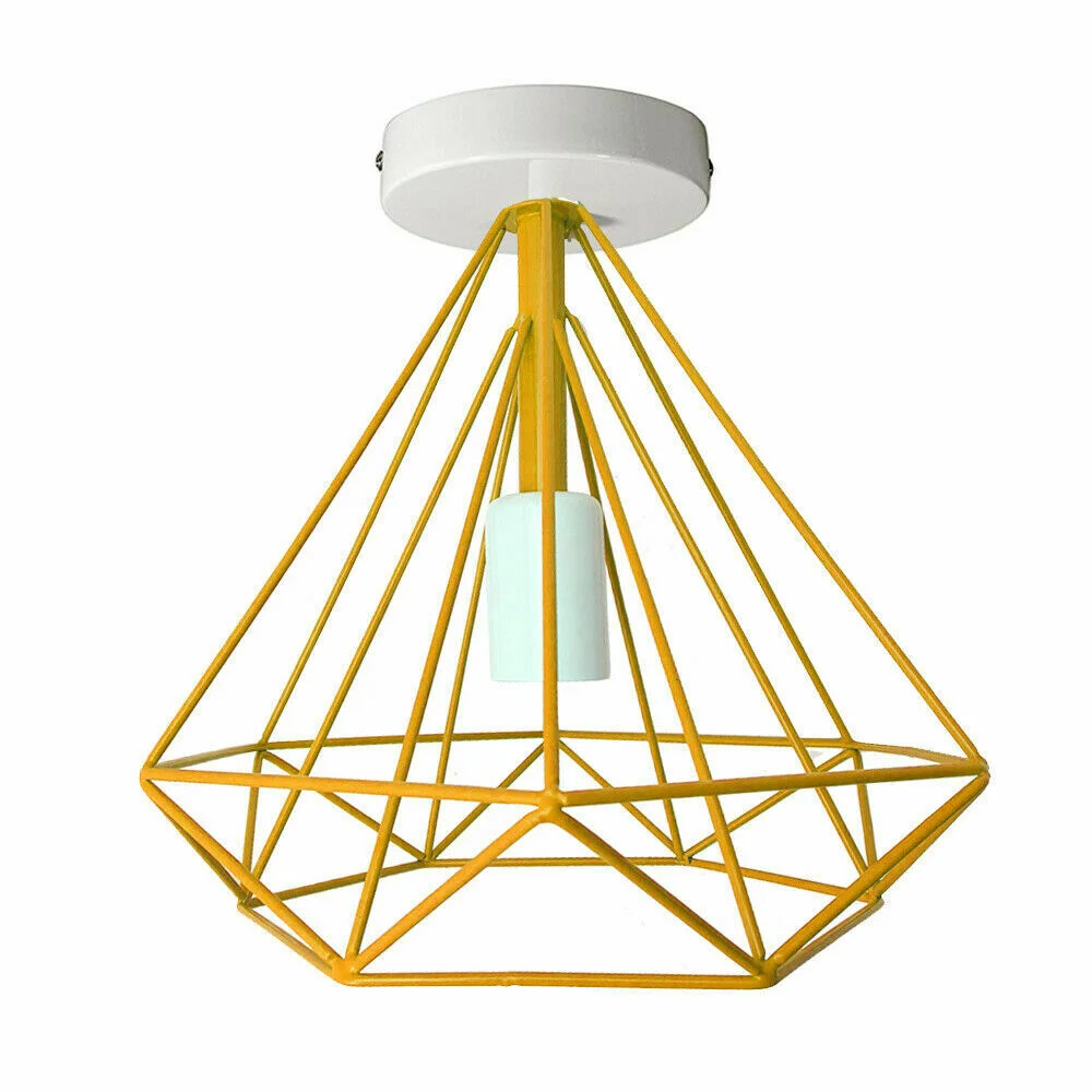 Modern geometric diamond cage E27 Edison ceiling light in gold metal with visible filament bulb, semi-flush mount design