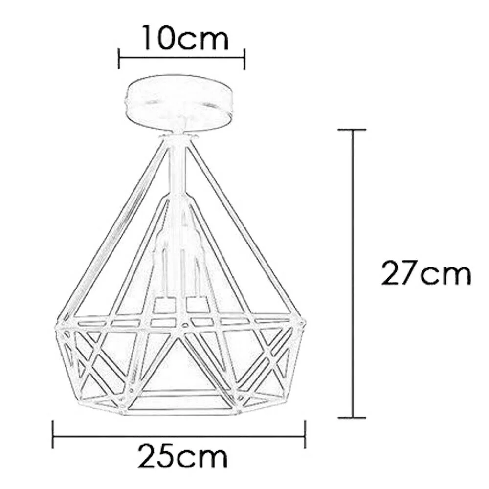 Modern metal ceiling light with geometric diamond cage design and warm Edison-style filament bulb illuminated
