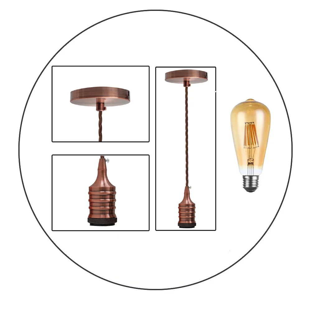 Vintage industrial pendant lamp with copper ceiling rose, twisted fabric cord, and included E27 bulb hanging against white background