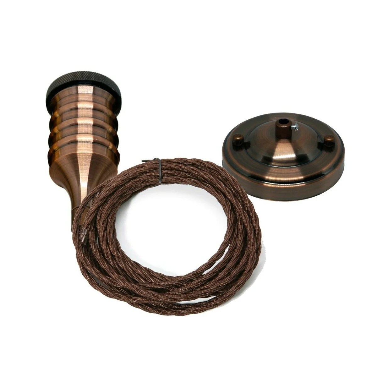 E27 pendant lamp holder with vintage industrial design, twisted fabric cord, copper ceiling rose, and included bulb