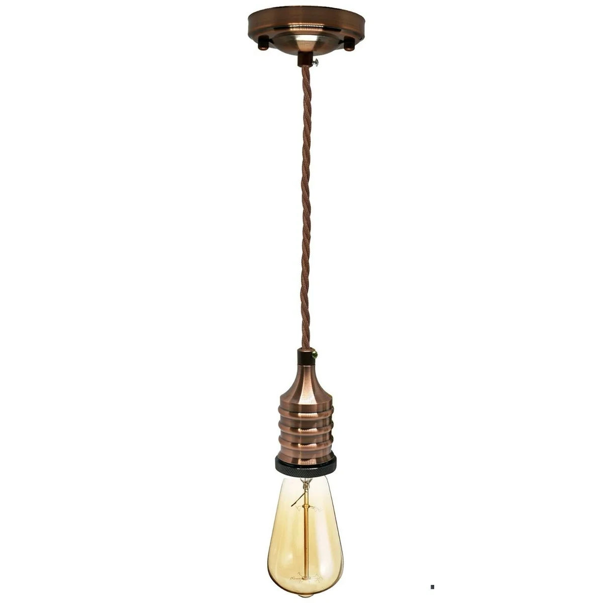 Vintage industrial pendant lamp with metal ceiling rose light and twisted fabric cord, includes free bulb and fitting set
