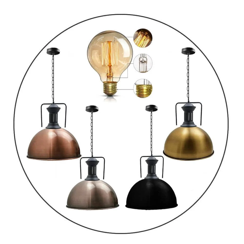 Modern metal shade pendant light with brushed nickel finish and white interior, hanging from ceiling with 95cm cable