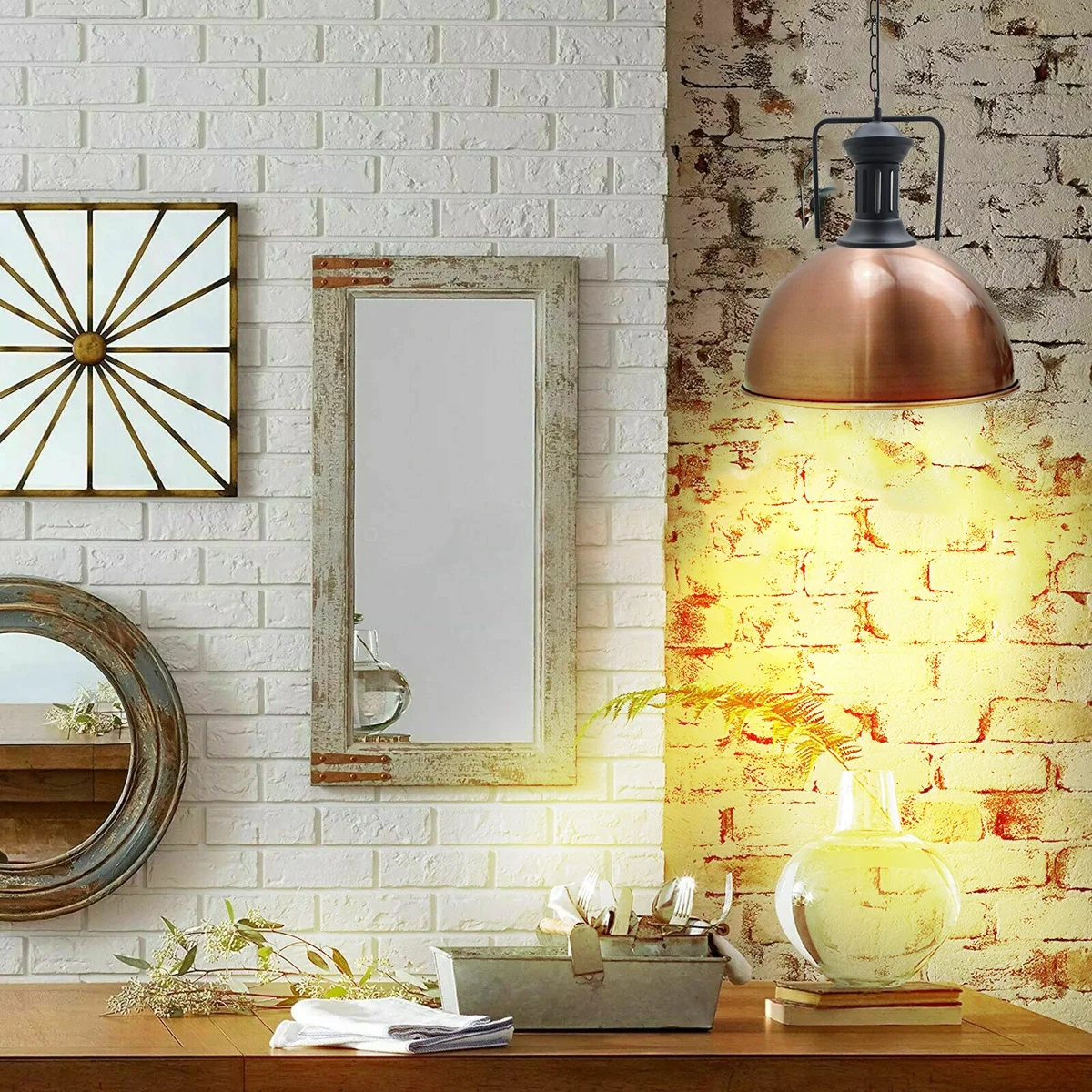 Modern ceiling lamp with industrial metal shade, brushed nickel finish, white interior, and adjustable angled base and hood