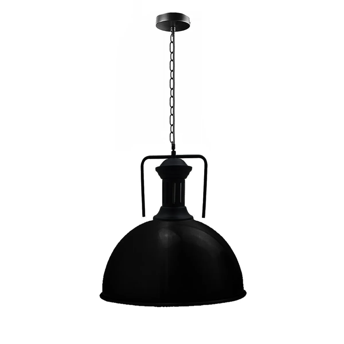 Brushed nickel pendant light with industrial metal shade, angled base, and white interior for enhanced illumination