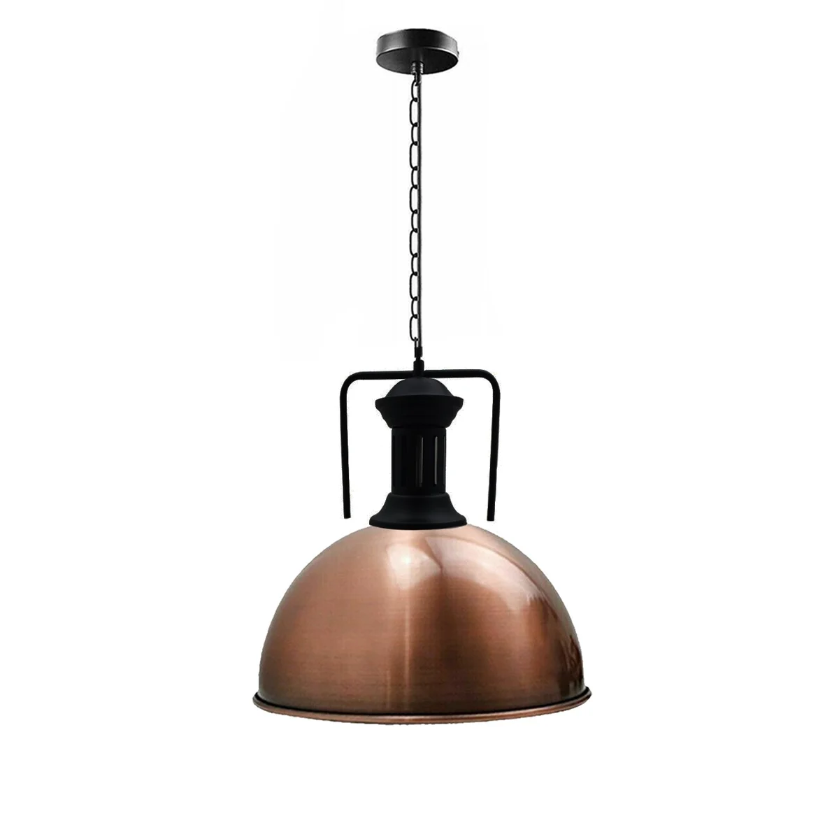 Copper and yellow brass industrial pendant light with metal shade and angled ceiling mount on white background