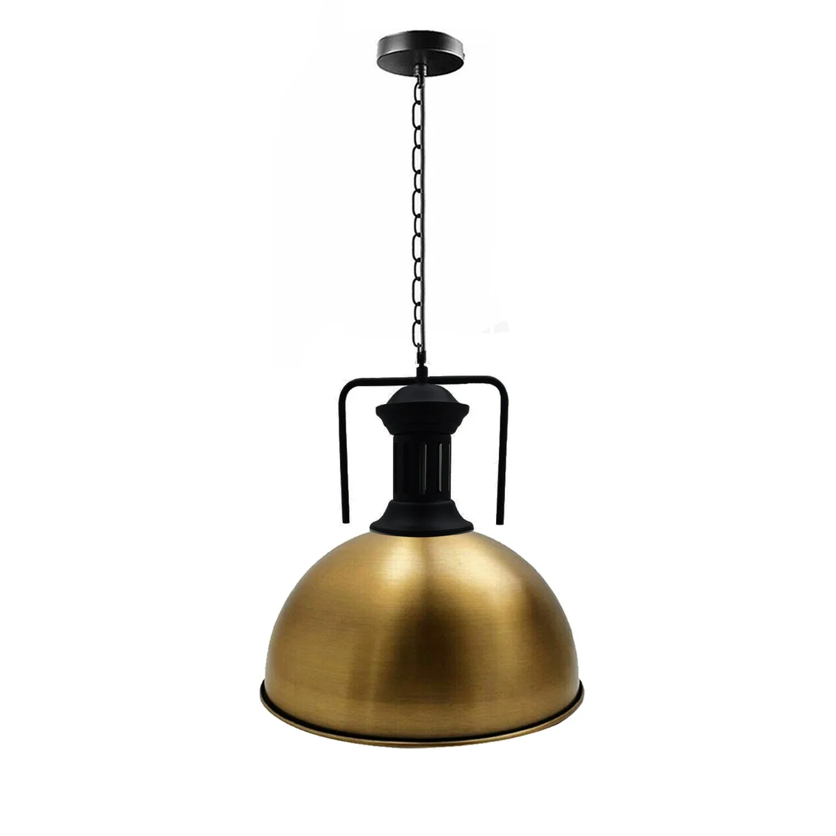 Copper and yellow brass industrial pendant light with metal shade and angled ceiling mount, modern loft cafe style