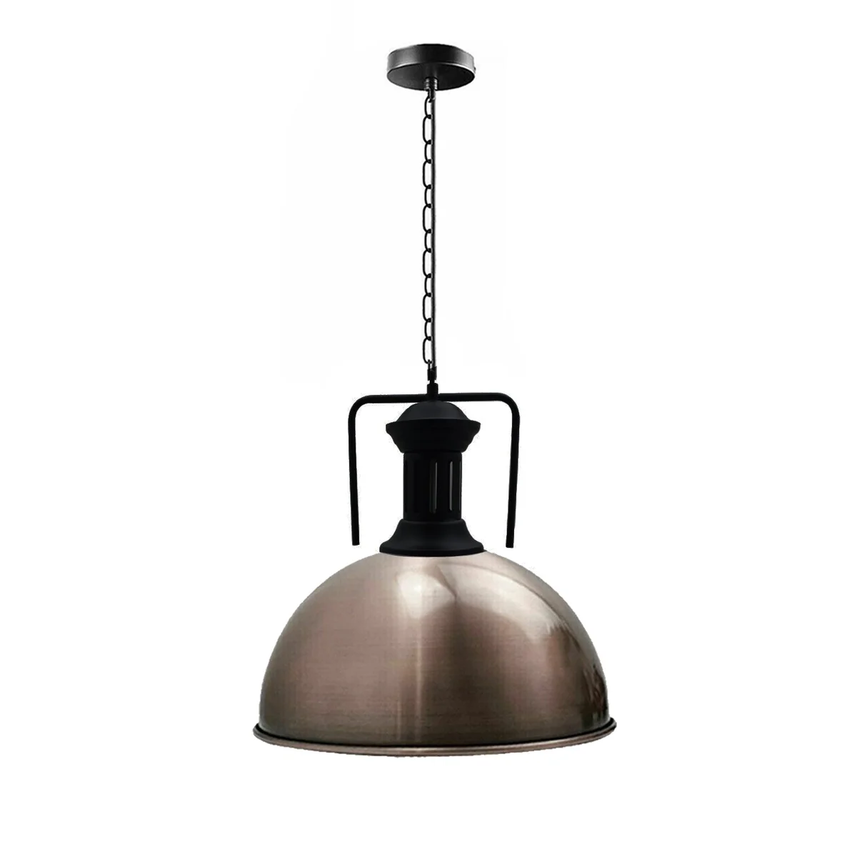 Copper and yellow brass industrial pendant light with metal shade and 95cm cable hanging from ceiling fixture