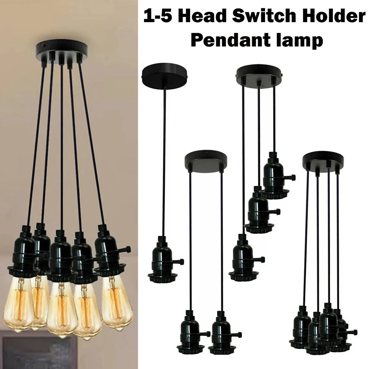 Modern cluster pendant light with multiple matte black metal shades hanging at staggered heights on adjustable cords
