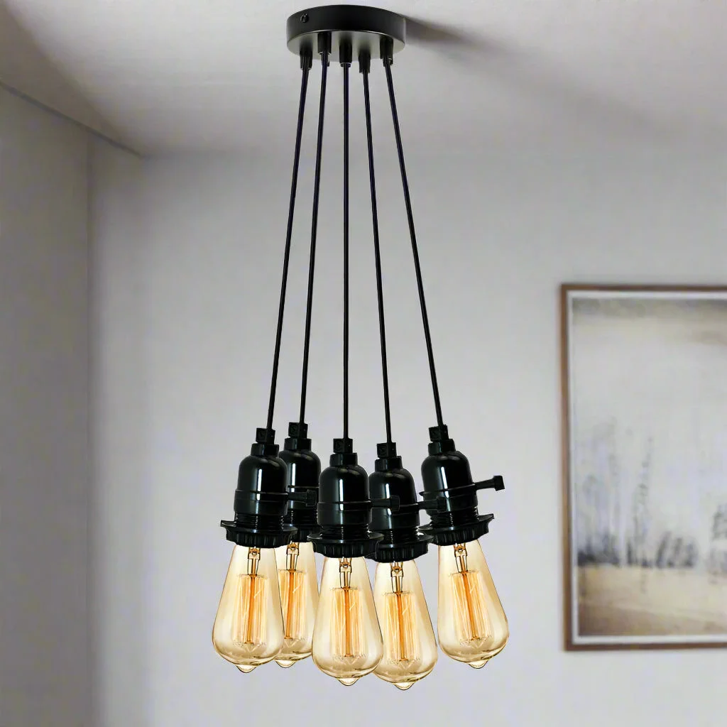 Modern minimalist cluster matte black pendant light with multiple adjustable cords and E27 bulb fittings hanging from ceiling