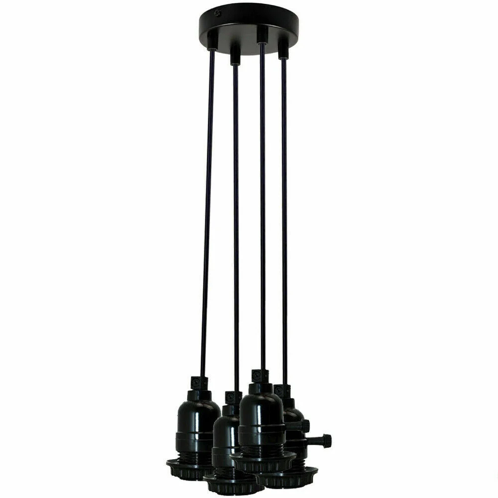 Modern cluster pendant light with multiple matte black metal shades hanging at staggered heights on adjustable cords