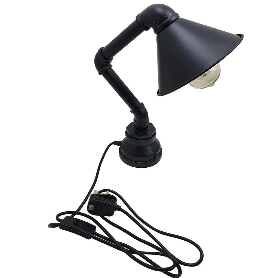 Steampunk table lamp with vintage water pipe design, metal cone shade, and rust-resistant finish in brushed copper color