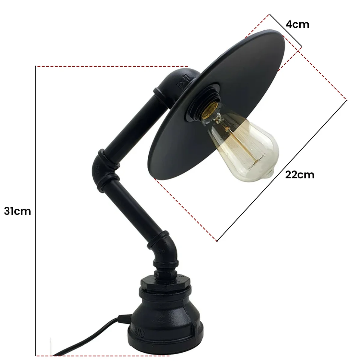 Vintage retro steampunk metal desk lamp with water pipe design, flat shade, and rust-resistant finish on wooden surface
