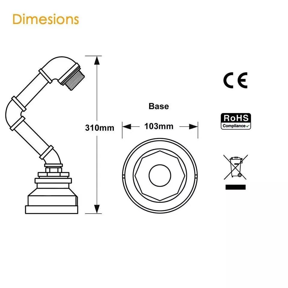 Vintage retro industrial steampunk water pipe desk lamp with metal base and flat shade, compatible with E27 bulb lamp