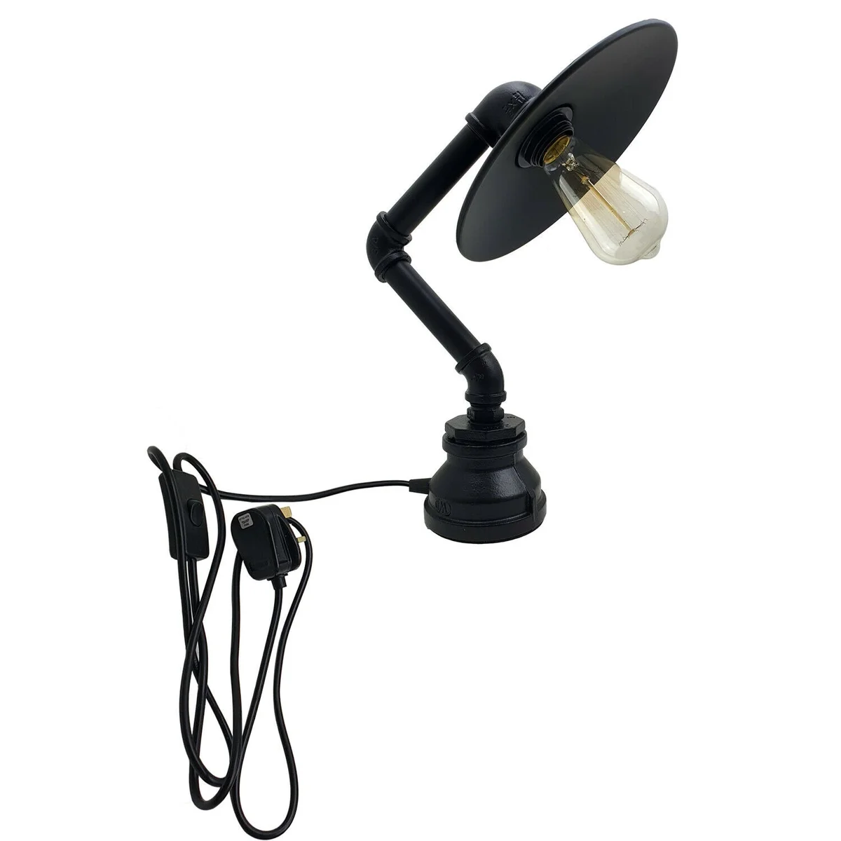 Vintage retro table lamp with metal water pipe design, flat shade, and rust-resistant finish on wooden desk surface