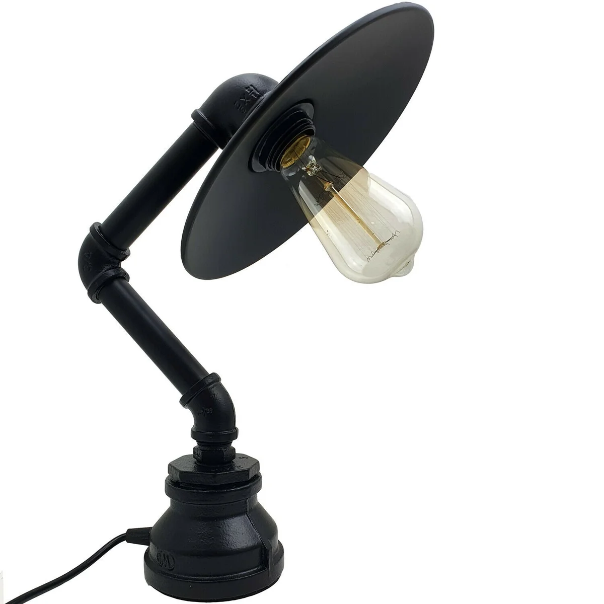Vintage industrial desk lamp with metal water pipe design and flat shade, showing on/off switch and plug-in cord details