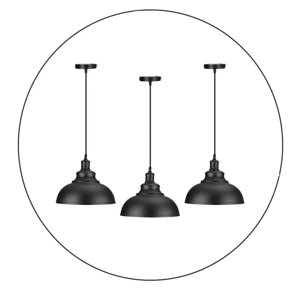 Three black metal dome lampshades hanging, showing E27 bulb pendant lamp design with adjustable cords