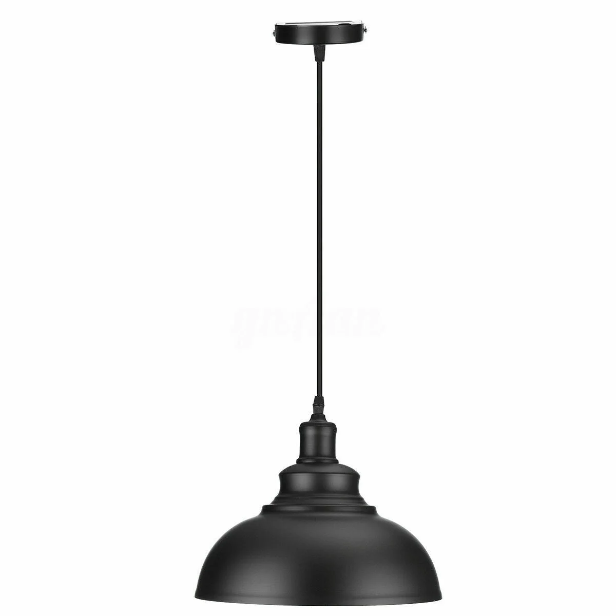 Three black metal dome ceiling lamp black pendant shades with adjustable cords hanging in a row against white background