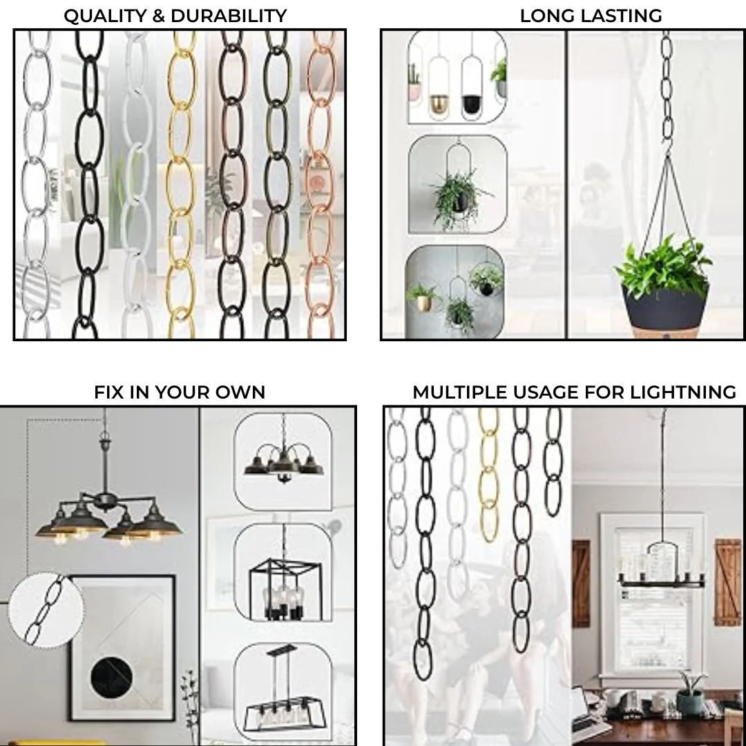 Close-up of adjustable hanging chain with 32mm x 17mm open metal links for ceiling light fixtures