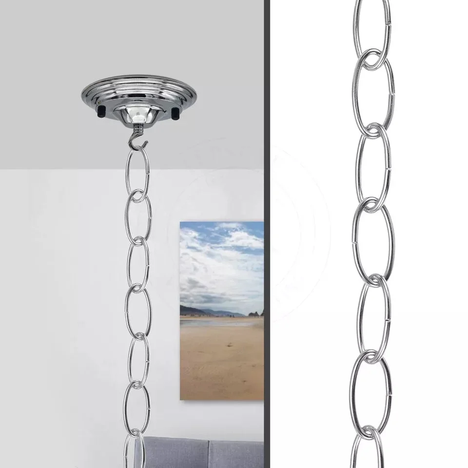 Close-up of vintage metal pendant light chain with 32mm x 17mm open links, showing adjustable length and sturdy design